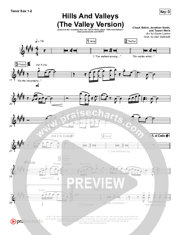 Hills And Valleys (The Valleys Version) Tenor Sax 1/2 (Tauren Wells)