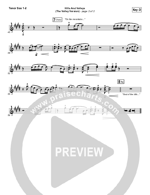 Hills And Valleys (The Valleys Version) Tenor Sax 1/2 (Tauren Wells)