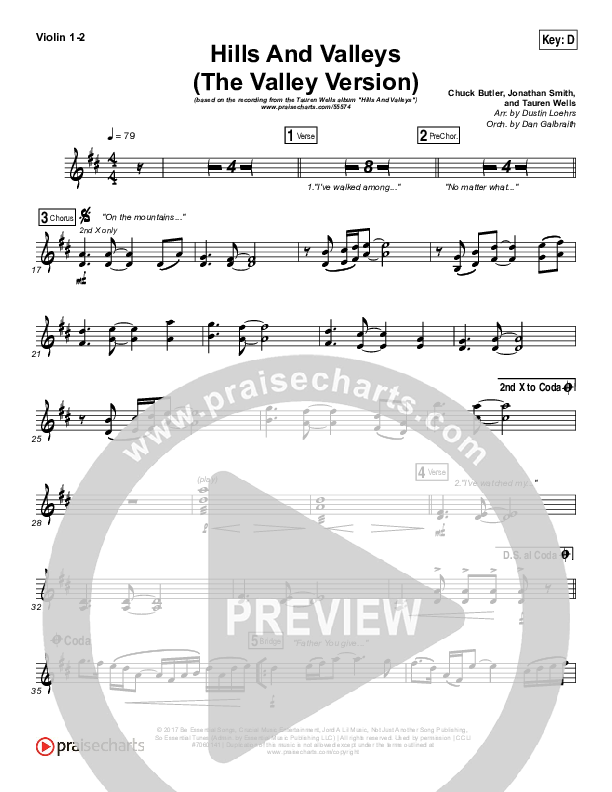 Hills And Valleys (The Valleys Version) Violin 1/2 (Tauren Wells)