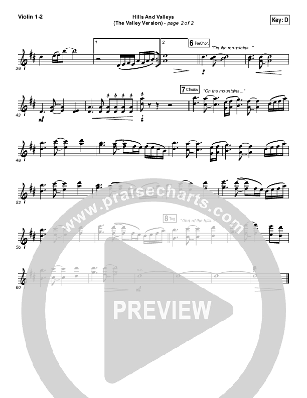 Hills And Valleys (The Valleys Version) Violin 1/2 (Tauren Wells)