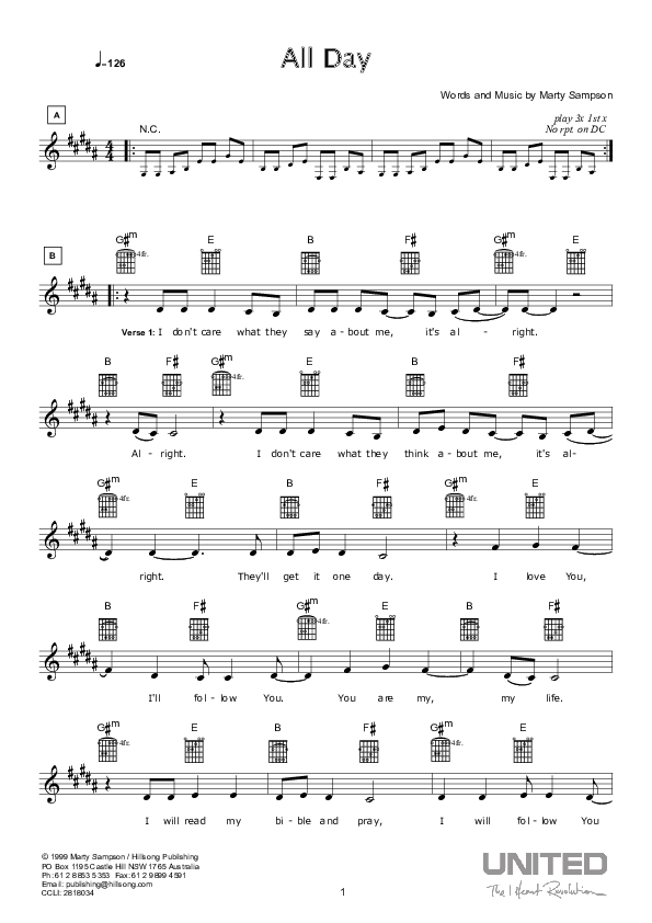 All Day Lead Sheet (Hillsong Worship)