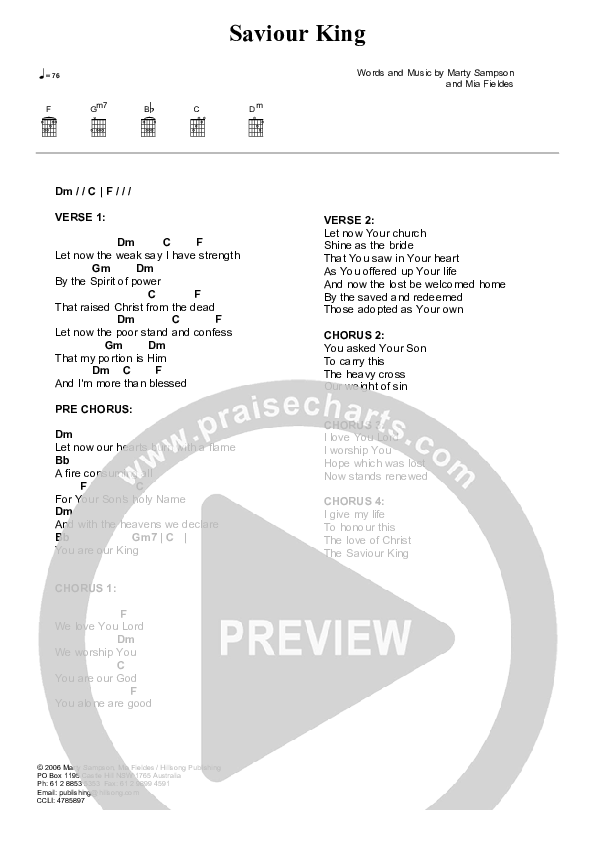 Saviour King Chord Chart (Hillsong Worship)