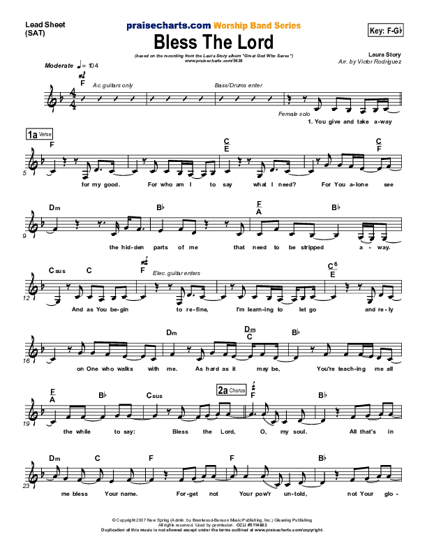 Bless The Lord Lead Sheet (Laura Story)