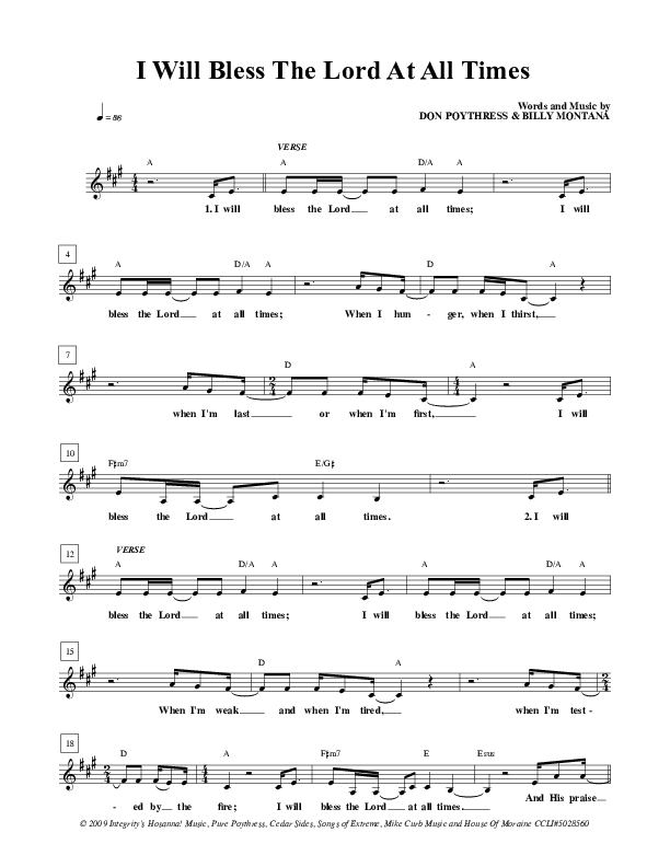 I Will Bless The Lord At All Times Lead Sheet (Don Poythress)