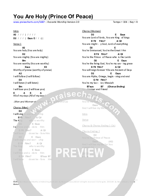 You Are Holy (Prince of Peace) Chord Chart (Toby Baxley)