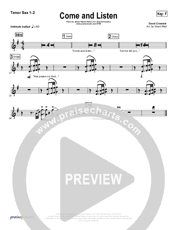 Come And Listen Tenor Sax 1/2 (David Crowder)