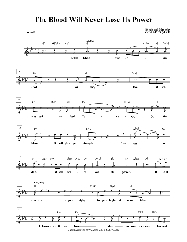 The Blood Will Never Lose Its Power Lead Sheet (Free Chapel)