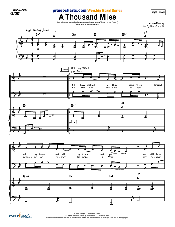 A Thousand Miles Piano/Vocal (Free Chapel)