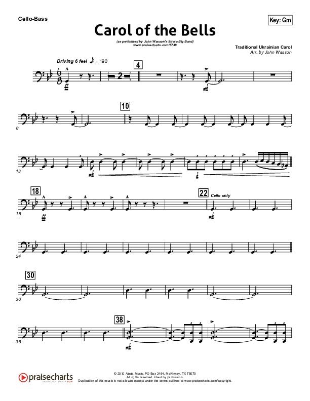 Carol Of The Bells (Instrumental) Cello/Bass (John Wasson)