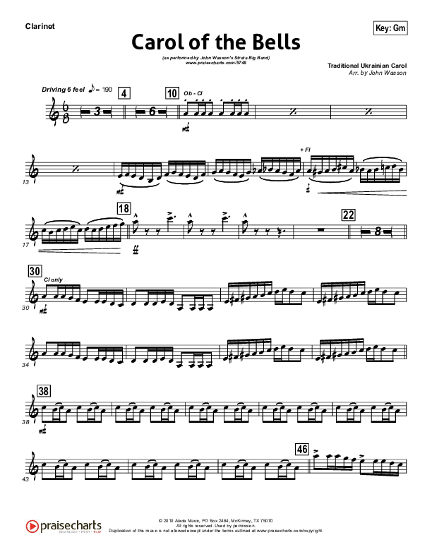 Carol Of The Bells (Instrumental) Clarinet (John Wasson)