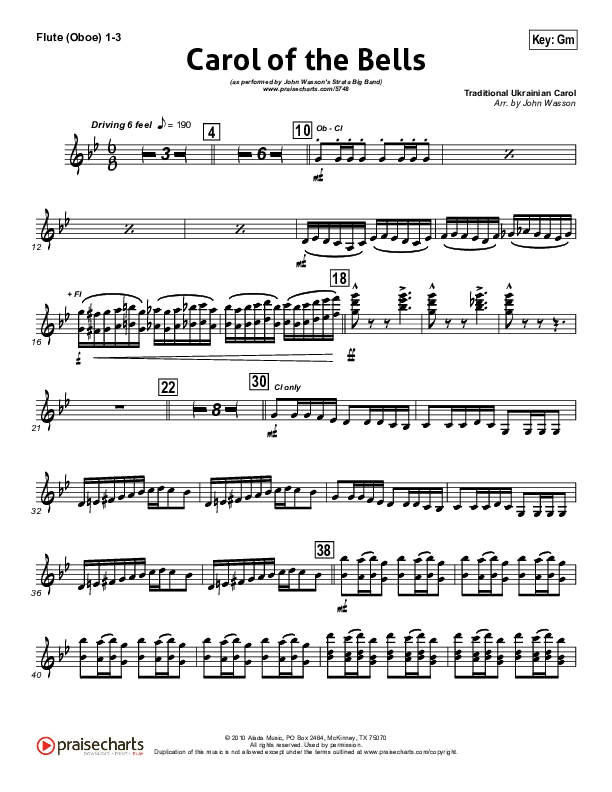 Carol Of The Bells (Instrumental) Flute/Oboe 1/2/3 (John Wasson)