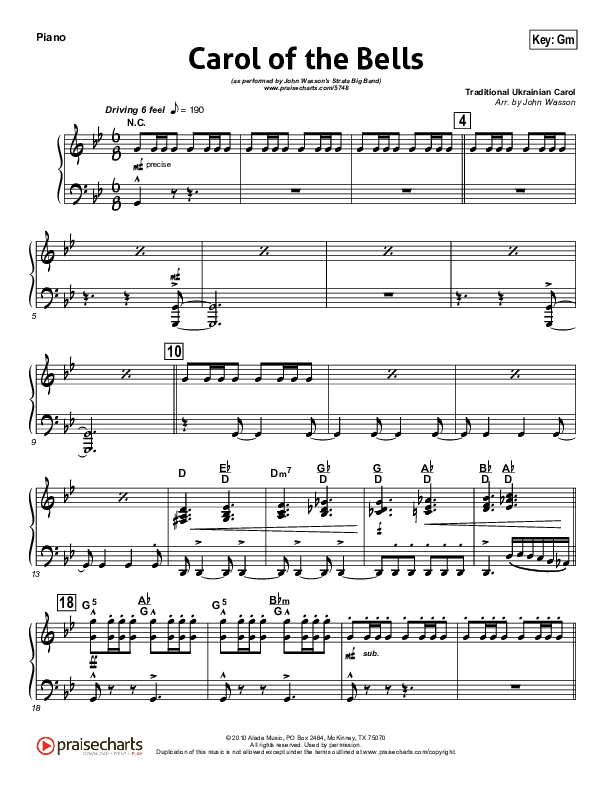 Carol Of The Bells (Instrumental) Piano Sheet (John Wasson)