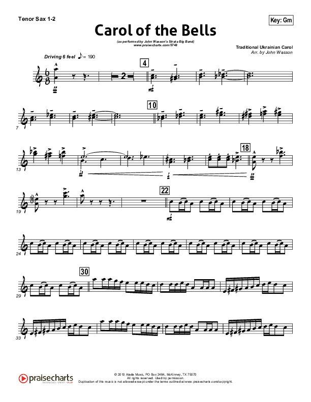 Carol Of The Bells (Instrumental) Tenor Sax 1/2 (John Wasson)