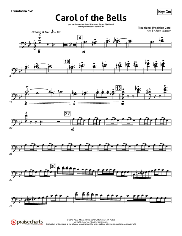 Carol Of The Bells (Instrumental) Trombone 1/2 (John Wasson)