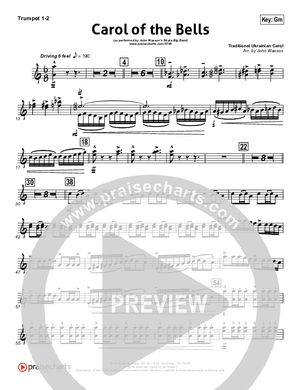 Carol Of The Bells (Instrumental) Trumpet 1,2 (John Wasson)