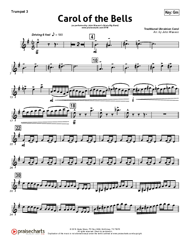 Carol Of The Bells (Instrumental) Trumpet 3 (John Wasson)