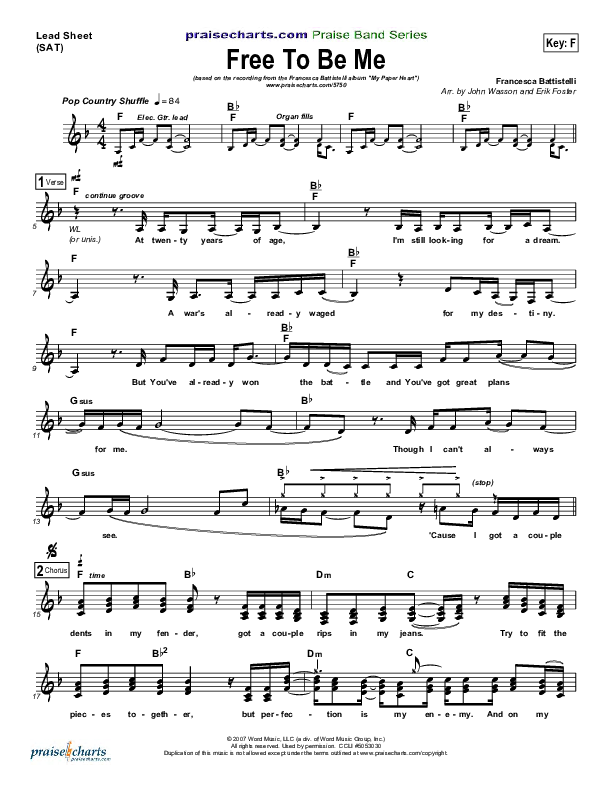 Free To Be Me Lead Sheet (SAT) (Francesca Battistelli)