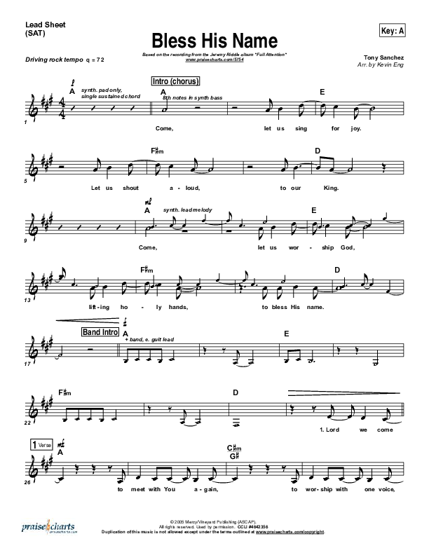 Bless His Name Lead Sheet (Jeremy Riddle)