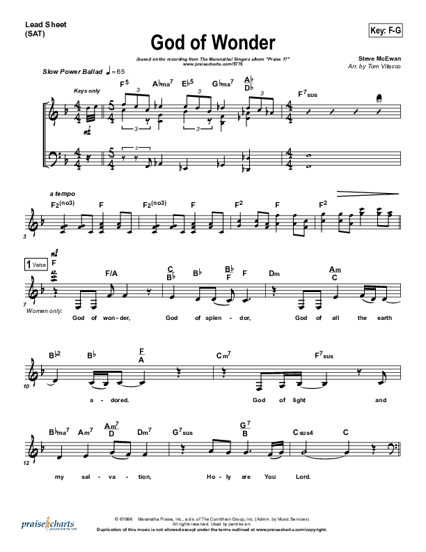 God Of Wonder Lead Sheet (Maranatha Singers)