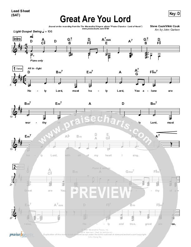 Great Are You Lord Lead Sheet (Maranatha Singers)