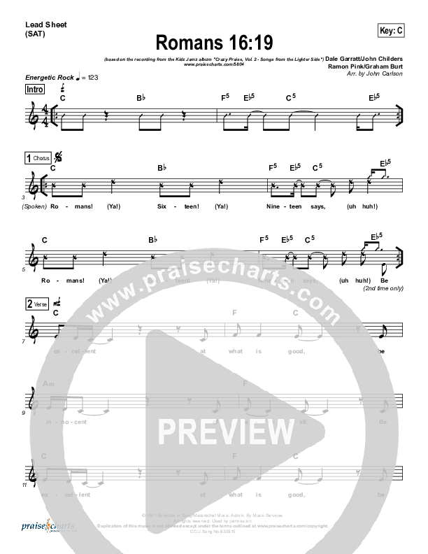 Romans 16:19 Lead Sheet (Maranatha Studio Musicians)