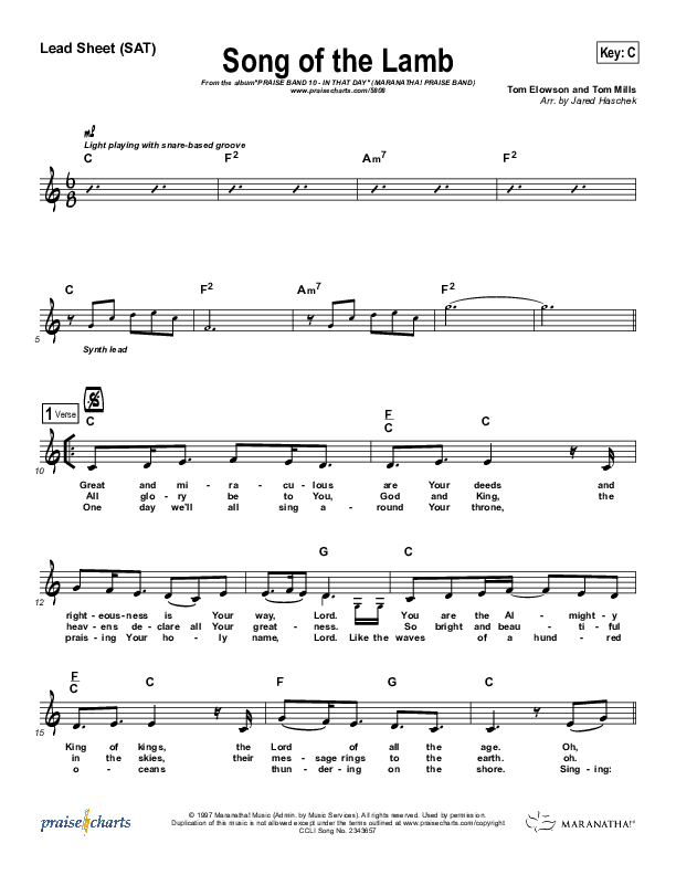 Song Of The Lamb Lead Sheet (Maranatha Praise Band)