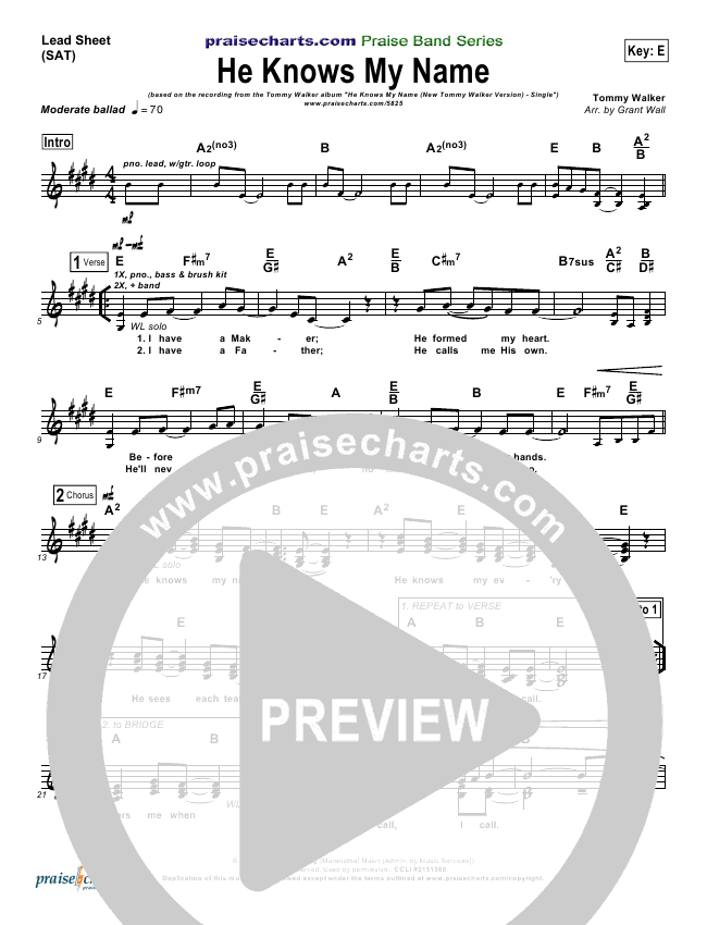 He Knows My Name (New Version) Lead Sheet &amp; Piano/Vocal - Tommy Walker ...