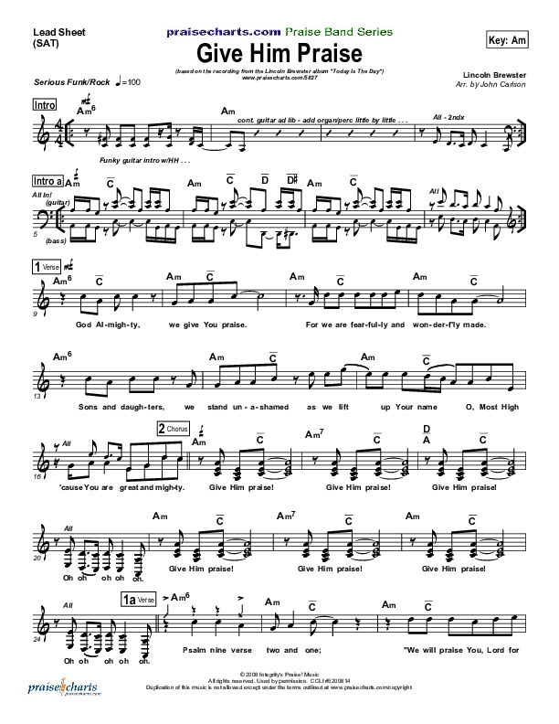 Give Him Praise Lead Sheet (Lincoln Brewster)