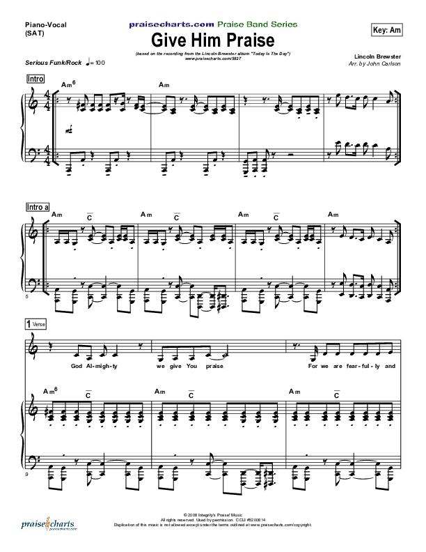 Give Him Praise Piano/Vocal (SAT) (Lincoln Brewster)