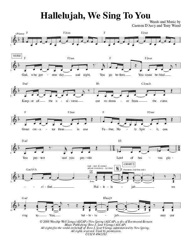 Hallelujah We Sing To You Lead Sheet (Carmen D'Arcy)