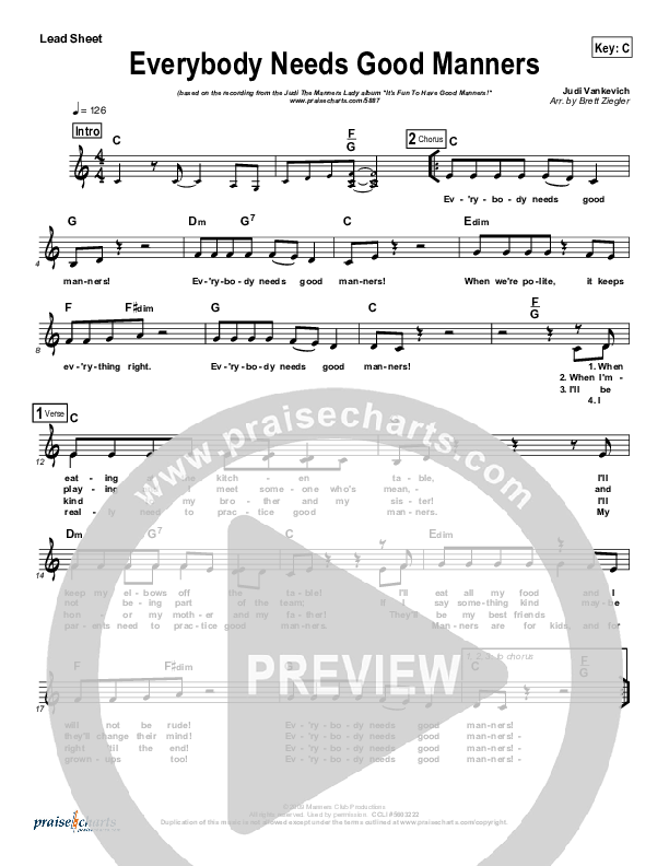 Everybody Needs Good Manners Lead Sheet (Judi The Manners Lady)