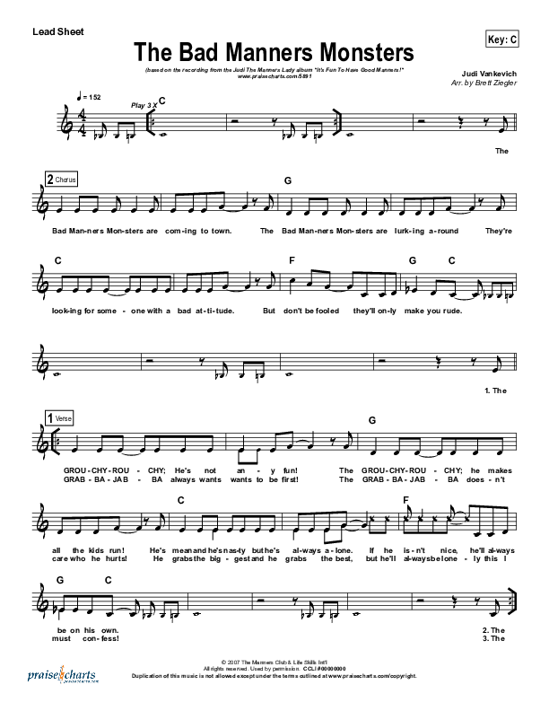 The Bad Manners Monsters Lead Sheet (Judi The Manners Lady)