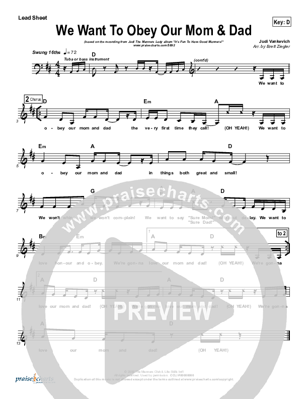 We Want to Obey Our Mom & Dad! Lead Sheet (Judi The Manners Lady)