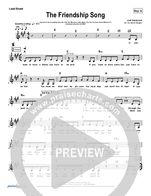 The Friendship Song Lead Sheet (Judi The Manners Lady)