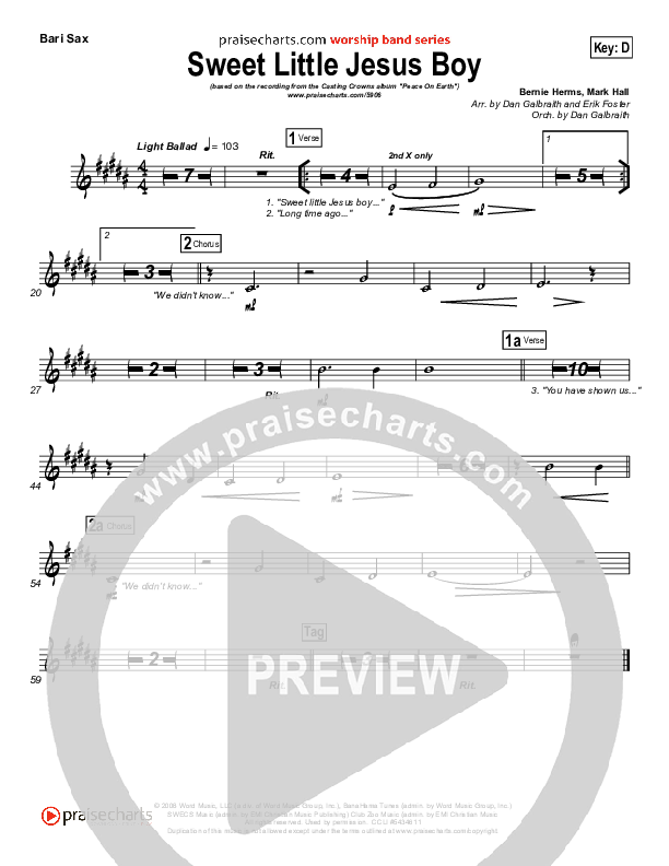 Sweet Little Jesus Boy Bari Sax (Casting Crowns)