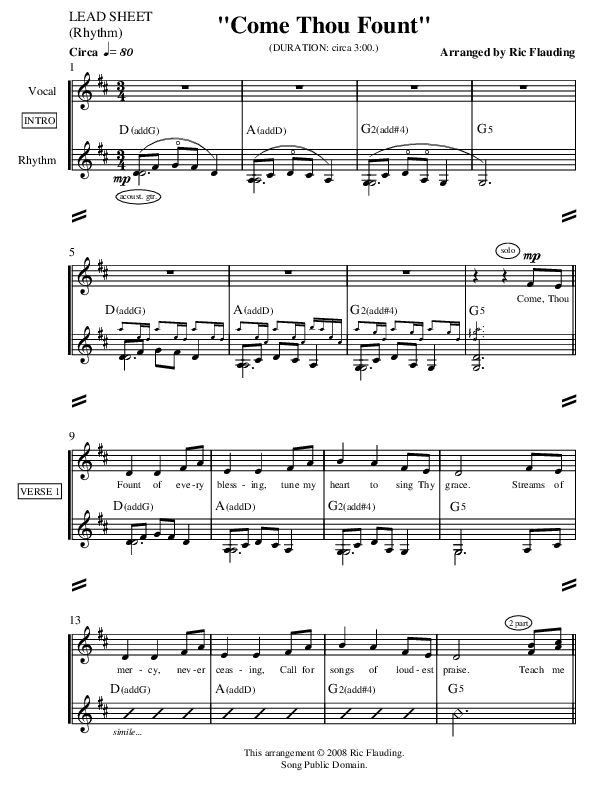 Come Thou Fount Lead Sheet (Ric Flauding)