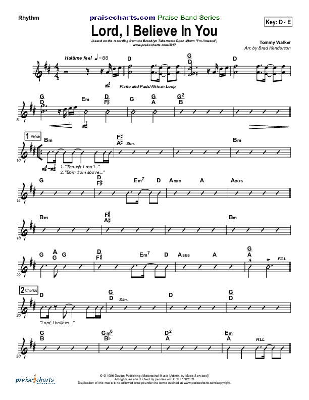 Lord I Believe In You Rhythm Chart (Songs of Brooklyn Tabernacle Choir (PraiseCharts Edition))