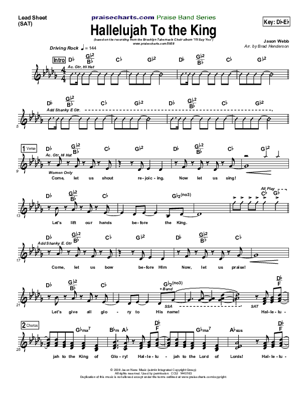 Hallelujah To The King Lead Sheet (SAT) (Songs of Brooklyn Tabernacle Choir (PraiseCharts Edition))
