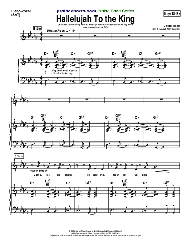 Hallelujah To The King Piano/Vocal SAT (Songs of Brooklyn Tabernacle Choir (PraiseCharts Edition))