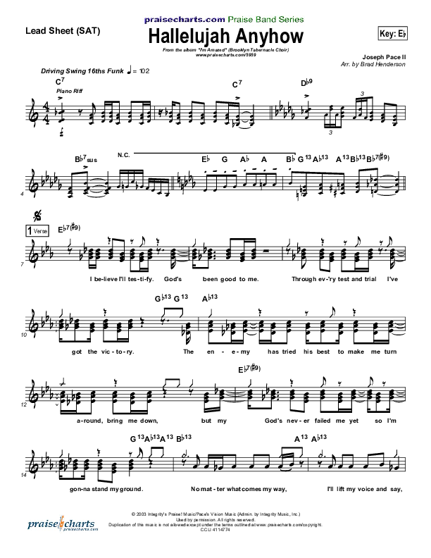 Hallelujah Anyhow Lead Sheet (SAT) (Songs of Brooklyn Tabernacle Choir (PraiseCharts Edition))