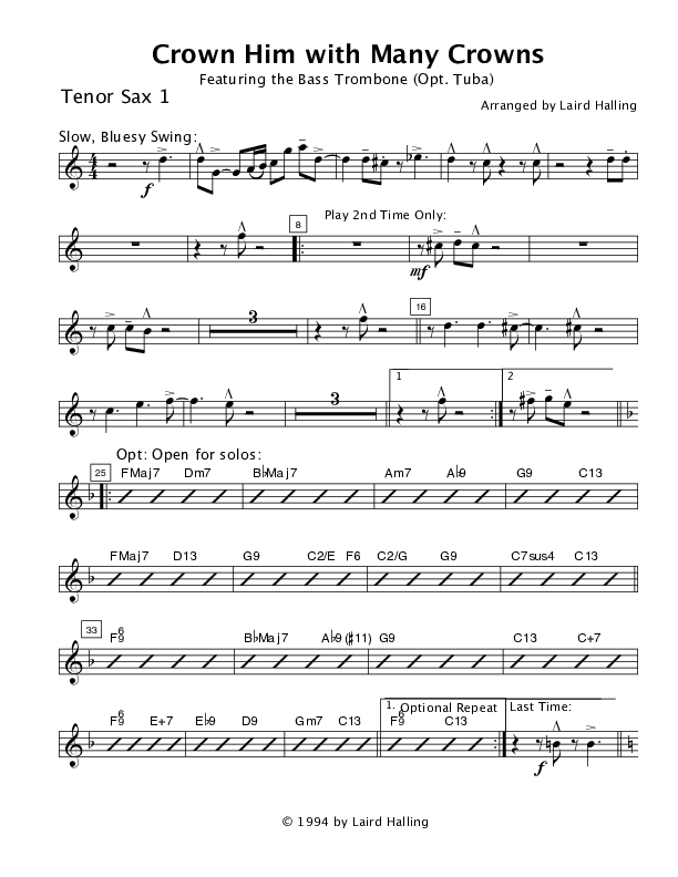 Crown Him with Many Crowns (Instrumental) Tenor Sax 1/2 (Crosswinds Big Band)