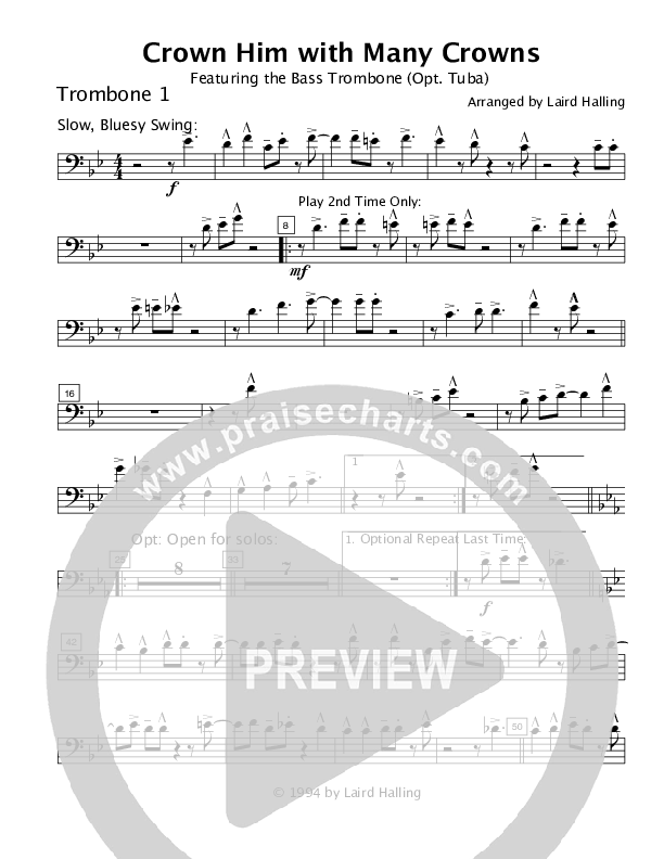 Crown Him with Many Crowns (Instrumental) Trombone 1 (Crosswinds Big Band)