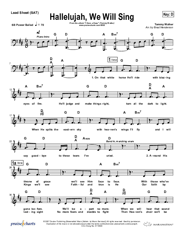 Hallelujah We Will Sing Lead (SAT) (Tommy Walker)