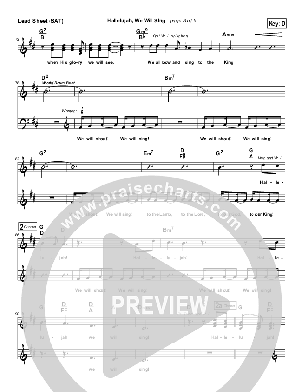 Hallelujah We Will Sing Lead Sheet (SAT) (Tommy Walker)