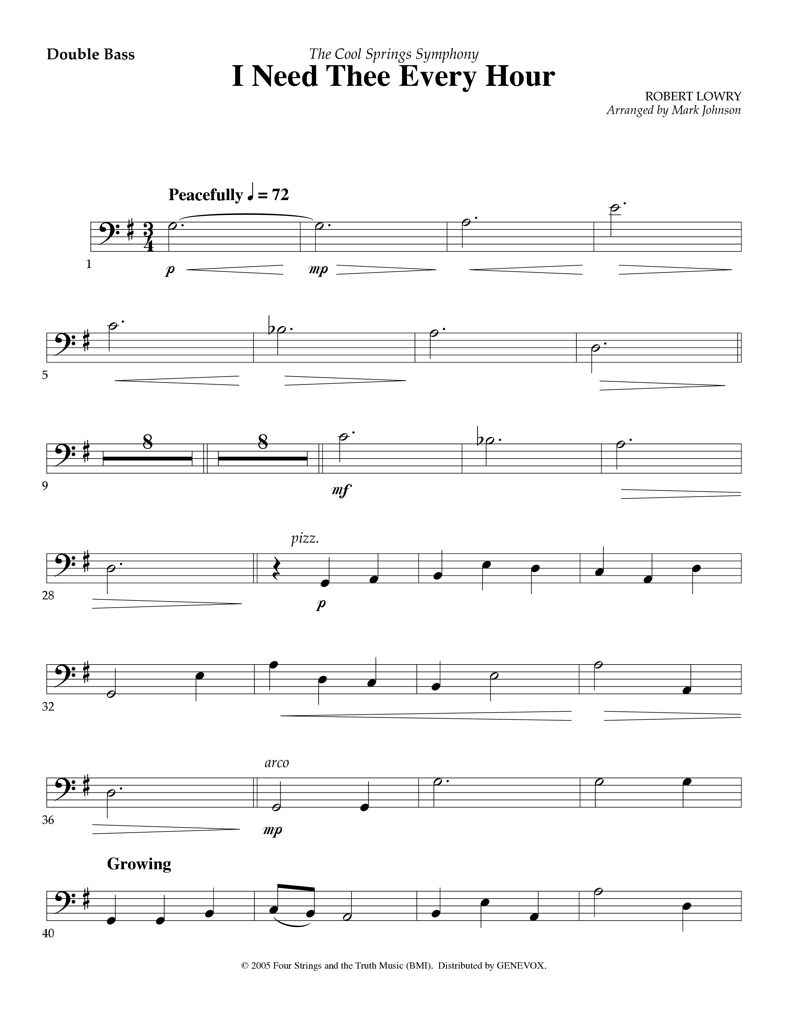 I Need Thee Every Hour (Instrumental) String Bass Sheet Music PDF