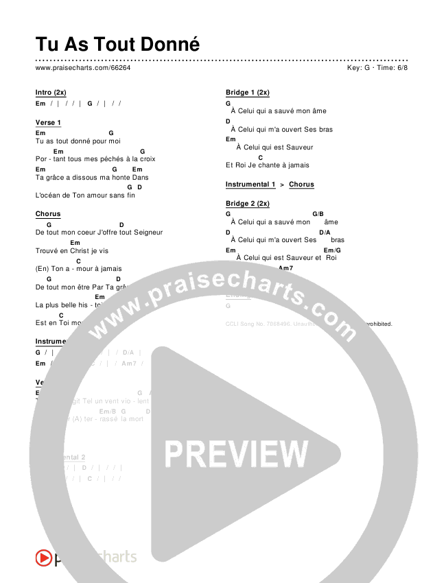 Tu As Tout Donné (Love On The Line) Chords & Lyrics ()