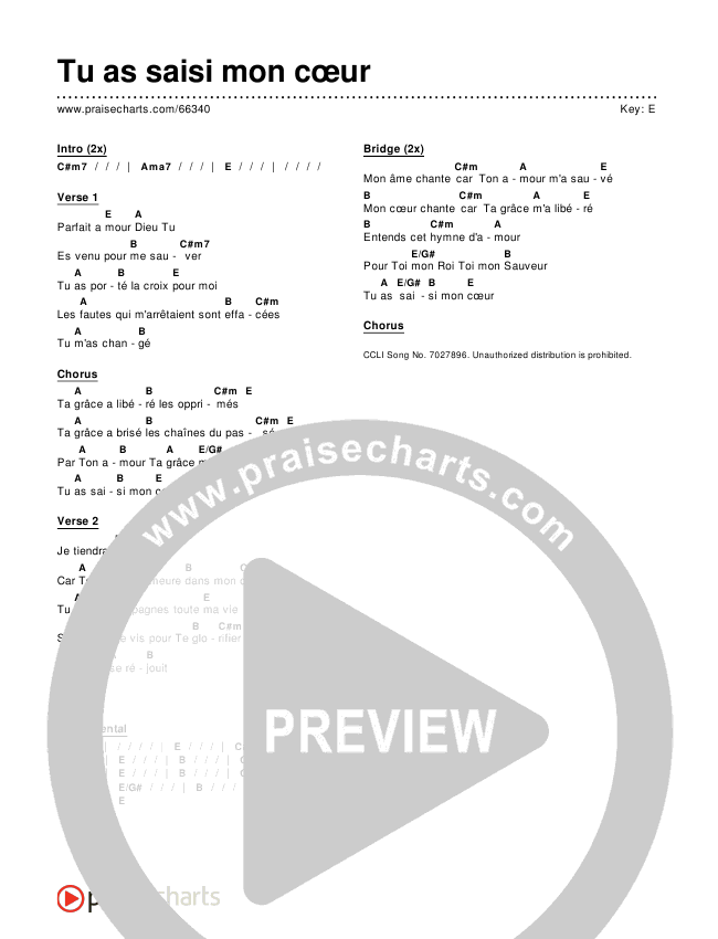 Tu as saisi mon cœur Chords & Lyrics ()
