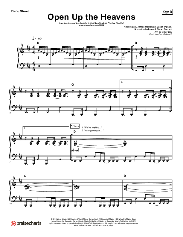 Open Up The Heavens Piano Sheet (Vertical Worship)