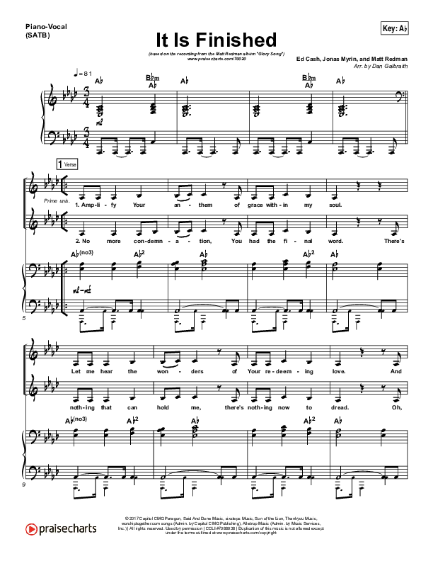 It Is Finished Piano/Vocal (SATB) (Matt Redman)
