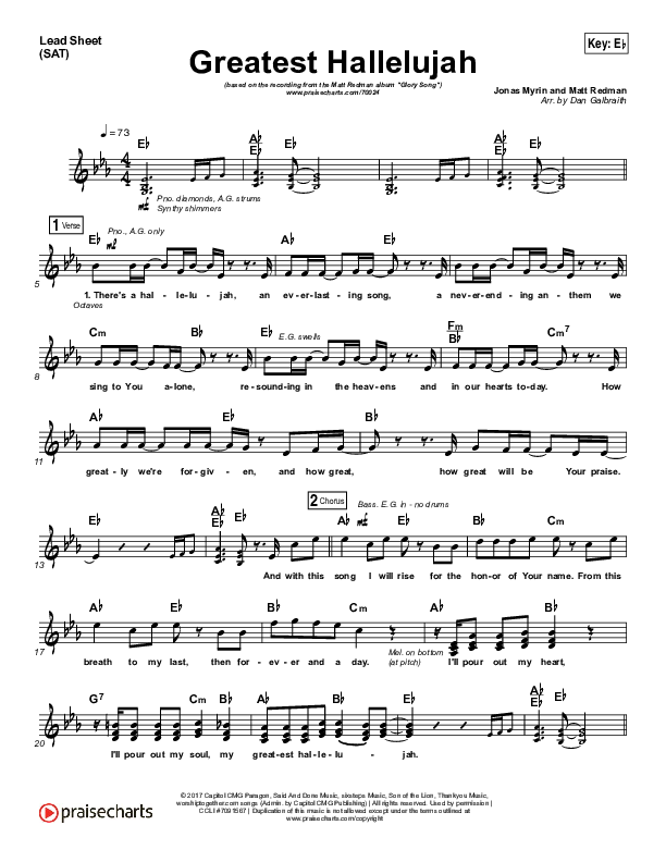 Greatest Hallelujah Lead Sheet (SAT) (Matt Redman)